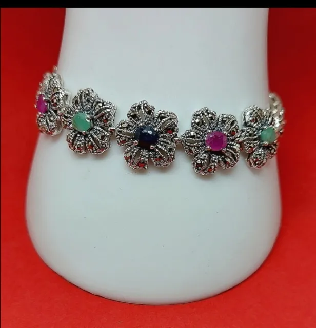 Natural Oval Emerald 5x4mm Ruby Sapphire Marcasite 925 Sterling Silver Bracelet