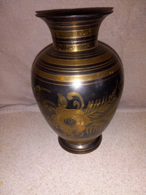 Vintage Black and Gold Etched Brass MCM Pretty Vase 1960's India