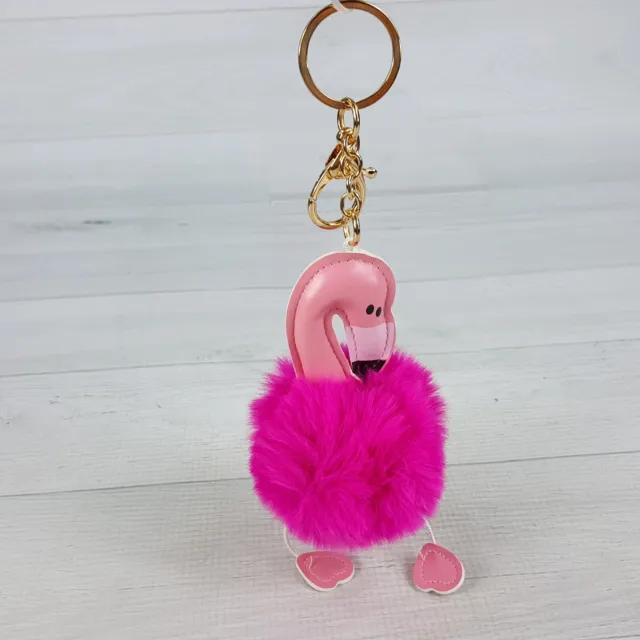 Pink Flamingo Keychain Key Ring w Poof Ball Faux Fur Body 7" Dangle Legs NEW