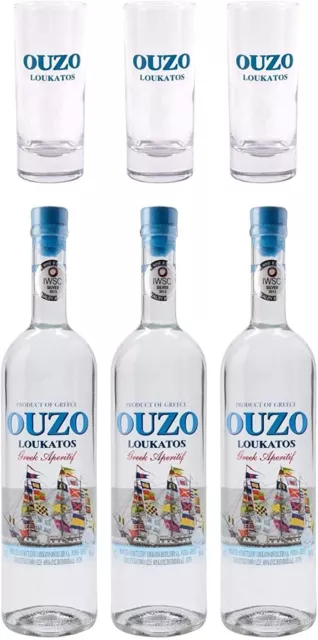 Ouzo Loukatos 3x 0,7l mit 3 Original Gläsern | Der Ouzo aus Patras | 38% Vol.