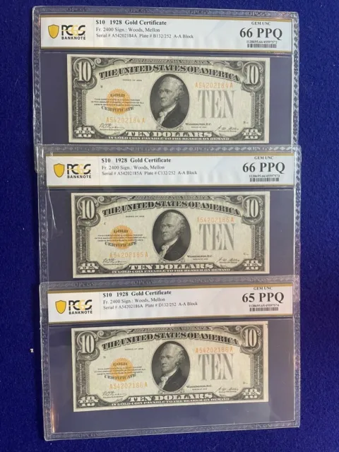 1928 $10 Gold Certificates (3) Consecutive Serial #'s, 66PPQ & 65PPQ - FR2400