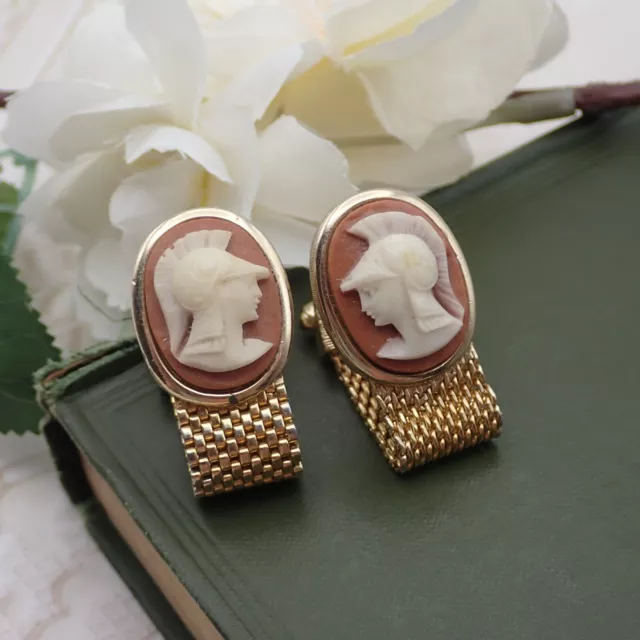 Vintage Swank Roman Facing Carved Cameo Gold Tone Mesh Wrap Around Cufflinks
