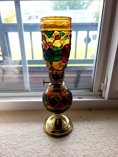Vintage Amber Stained Glass Miniature Kerosene Oil Lamp 10" Tall Hong Kong