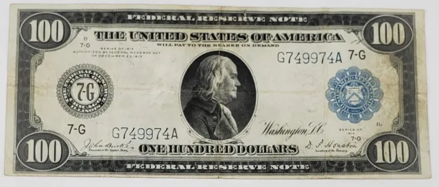 1914 $100 Federal Reserve Note Chicago Fr#1110 Burke - Houston Blue Seal