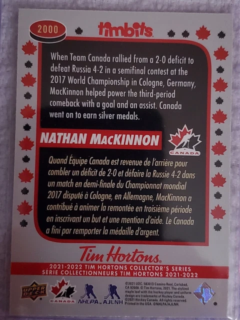 2021/2022 TIM HORTONS NATHAN MACKINNON timbits card $99.00 - PicClick CA