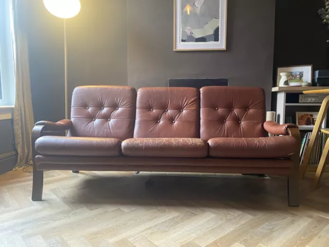 Mid Century Swedish Brown Leather Bentwood 3 Seater Sofa Vintage Retro