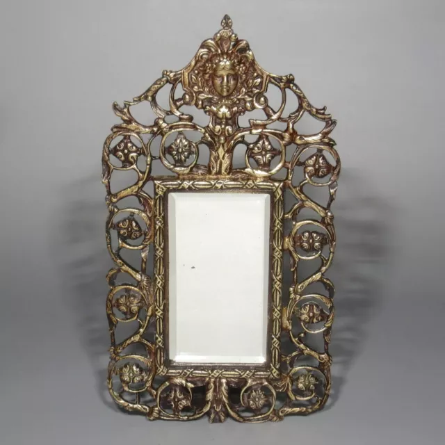 Antique French Cutwork Bronze Beveled Mirror, Woman’s Face Head, 19th century