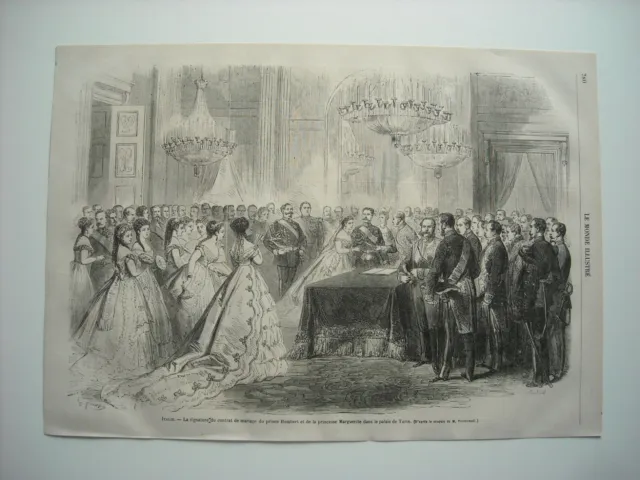Gravure 1868. A Turin, Signature Contrat De Mariage Prince Humbert Et Prin Margu