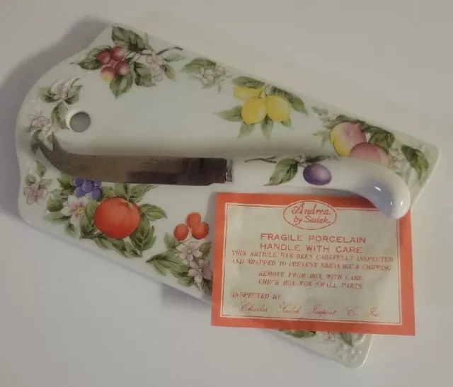 Andrea by Sadek Porcelain Cheese Board and Knife in Original Box Fruit Blossoms