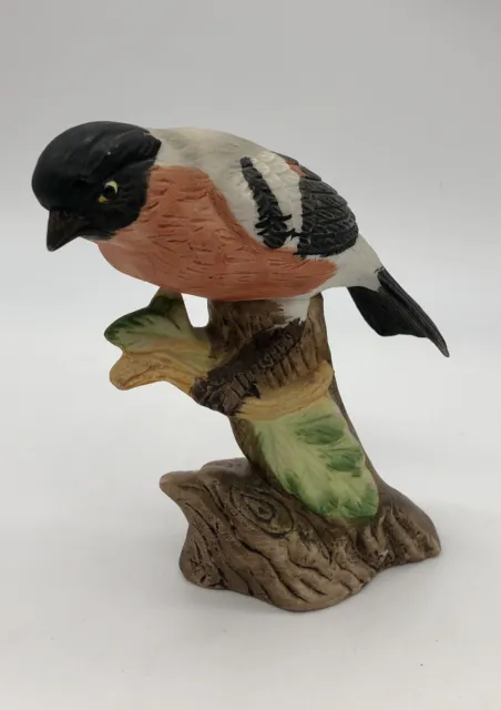 Vintage Ceramic Bisque Porcelain Bull Finch Figurine Perched Tree Stump