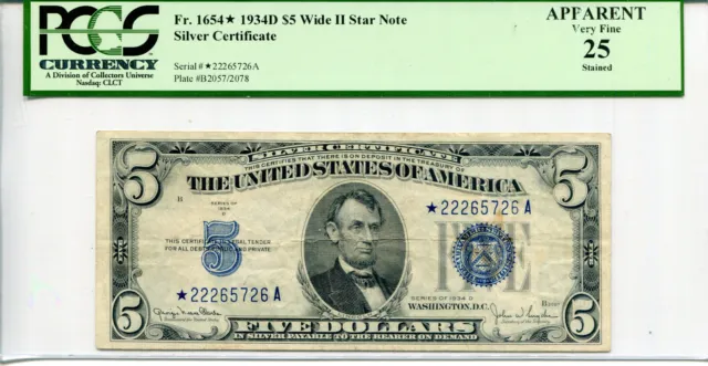 1934-D $5 Silver Certificate Wide II PMG Apparent VF25 *Star* Serial #*22265726A
