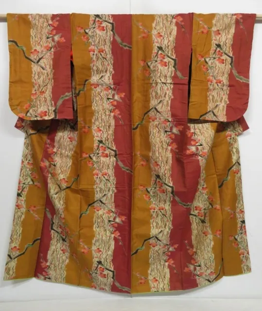 0805i08z750 Vintage Japanese Kimono Silk MEISEN KOMON Yellow ochre Plum branch