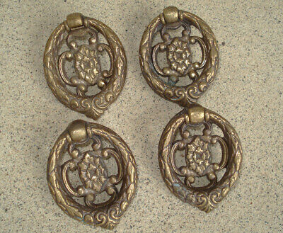 Lot 4 Antique Vtg Brass Oval Ornate Floral Bail Drop Ring Drawer Pull 2.5"