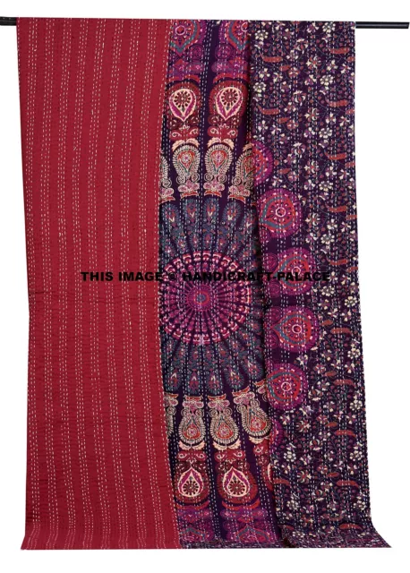 Indien Paon Mandala Coton Kantha Couette Violet Couvre-Lit Reine Décor Bohème