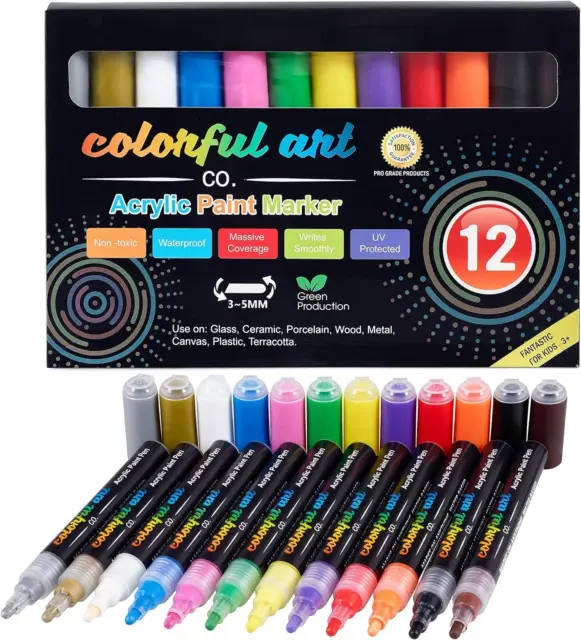 Coloridas plumas de pintura acrílica Art Co. - paquete de 12 marcadores permanentes impermeables
