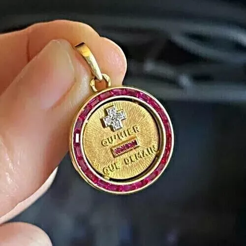 Lab Created Ruby Medal Of Love AUGIS Coin Size Pendant 14K Yellow Gold Plated