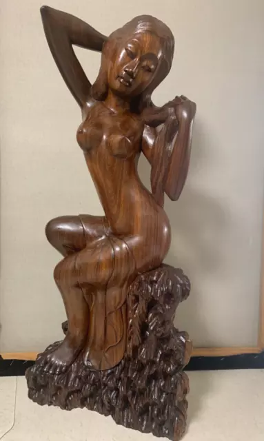 Vintage/Mid Century Semi-Nude Lady Hand Carved Teak Sculpture/Figurine/Statue