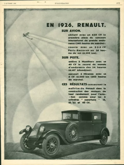 Publicité ancienne en 1926 Renault automobile sur avion 1926 issue de magazine