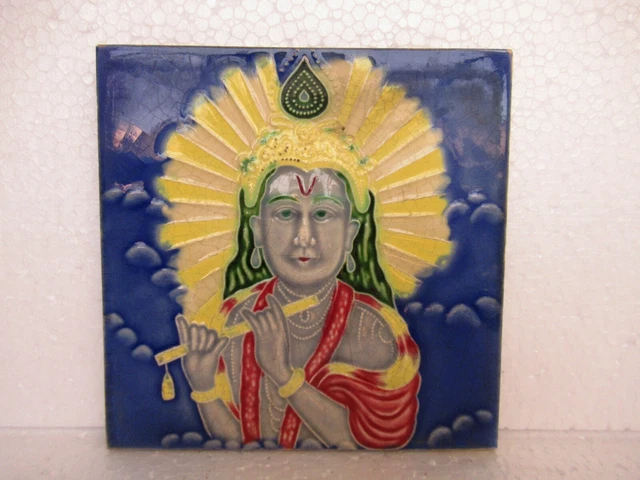 Antique Tile Lord Krishna Flute Music Art Nouveau Porcelain Majolica Japan Old"5