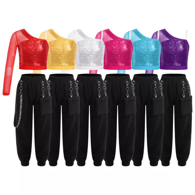 Abiti scintillanti top bambine maglia danza ginnastica set 2 pezzi costume