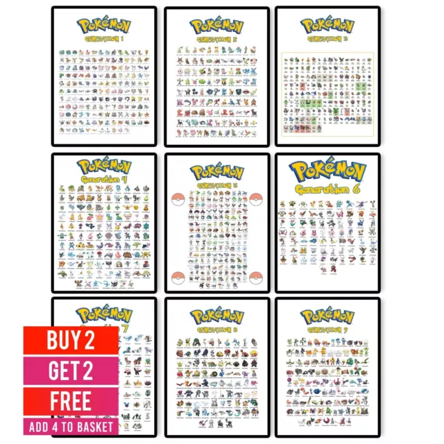 Pokemon Full Pokedex Chart Posters Generation 1 - 9 Wall Art Poster Prints A5-A3