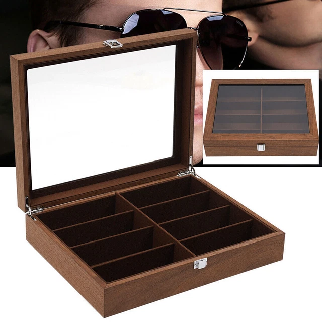 Eyeglass Sunglasses Organizer 8 Grid Glasses Display Wood Case Collection Box!