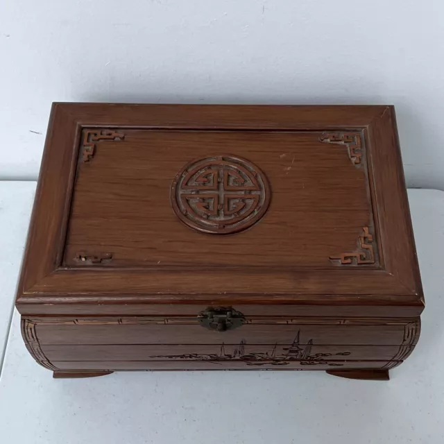 Vtg. Asian Oriental Hand Carved Wooden Jewelry Box Large 16.5 X 10.25 x 8.25”H 2