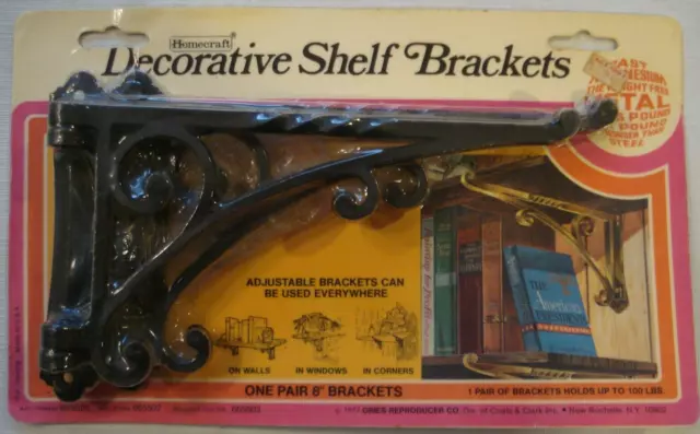 1977 NOS 2 Adjustable Shelf Brackets Cast Black Metal Decorative Scroll 1 Pair