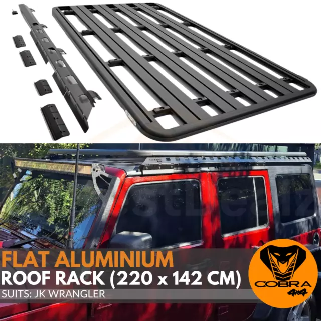 Aluminium Flat Roof Rack Jeep JK JL Wrangler 220cm x 142cm Mounts Tradie Black