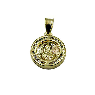 14k Tricolor Gold Guadalupe Virgin-Sacred Heart Of Jesus with CZ Religion Pendan