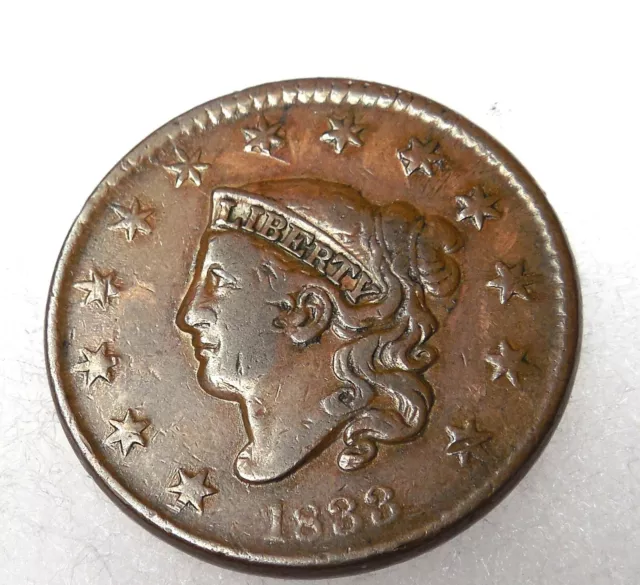 1833 LARGE CENT ~ Matron Coronet Head Copper 1C U.S. Coin ~ "Nice"  VG/F