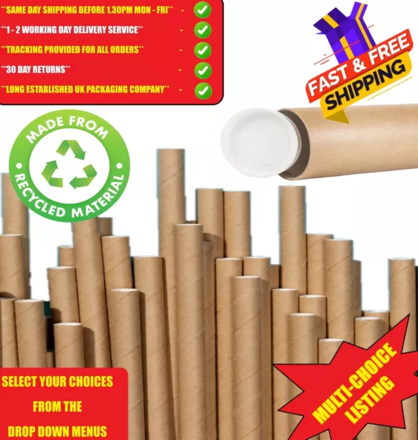 Small Large Cardboard Mailing Postal Tubes Rolls End Plugs Short Long All Sizes