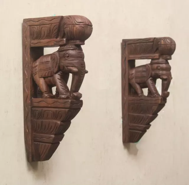 Elephant Statue Wall Bracket Corbel Pair Wooden Vintage Shelf Support Home Decor