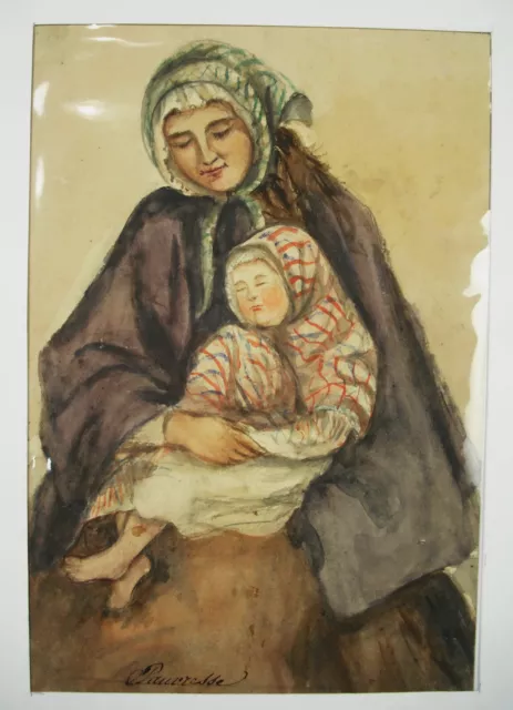 "Mendigo" Una Madre & Hijo Niño Dibujo S.XIX Acuarela Pobre Gente Poor People