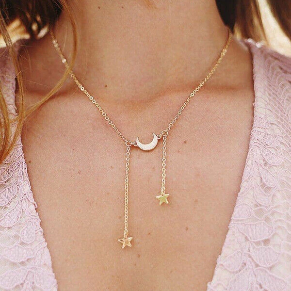 Fashion 18k Gold Plated Star Moon Pendant Chain Necklace Womens Jewellery Choker