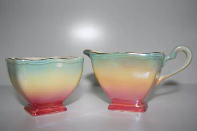 Vintage Royal Winton Grimwades England Sugar Creamer Set Luster Pink Yellow Blue