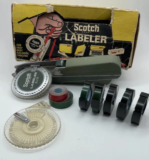 Vtg Plastic SCOTCH BRAND LABELER EJ-30 Raised Label Maker  5 Cartridges & Box