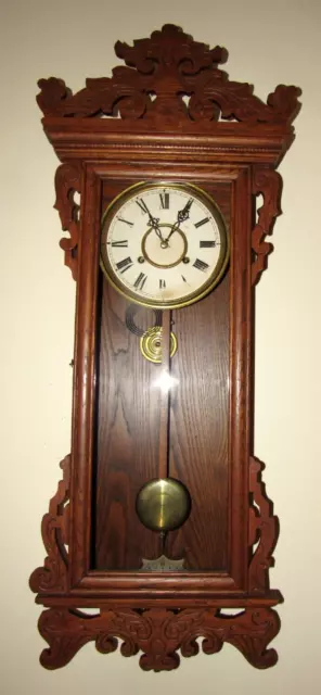 Antique Waterbury "Springfield" Oak Regulator Wall Clock 8-Day, Time/Strike