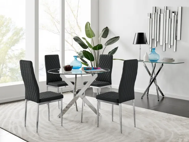 NOVARA Chrome Round Glass Dining Table and 4 Milan Faux Leather Dining Chairs