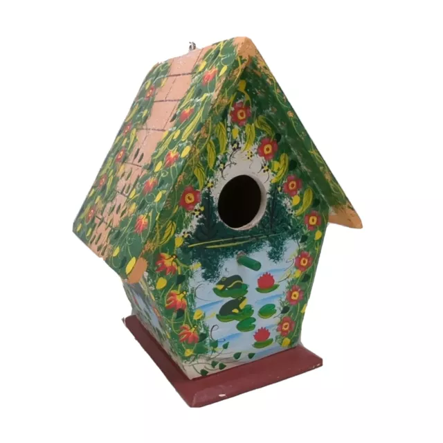 Vintage Handpainted Tole Wooden Birdhouse Decor Flower Lily Pads Frogs 8"