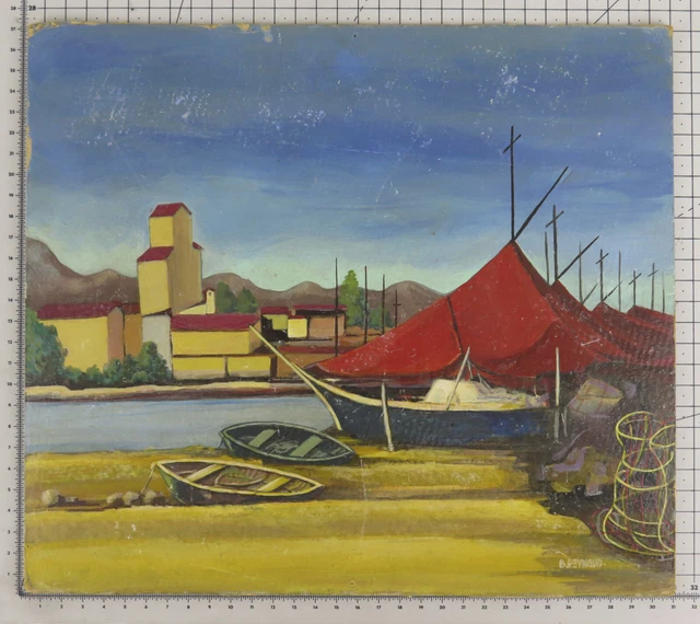 Viejo Cuadro Angular Óleo Paisaje Mare Marina Colorido Cuadro Vintage Mesa Bsn