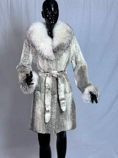 real fur -laser trim cut - iceberg jacket with fox collar and belt