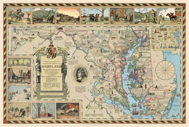 Pictorial Historical Literary Map Old Line State of Maryland Wall Art Poster