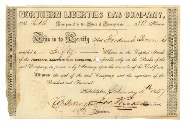 Northern Liberties Gas Co. - Utility Stock Certificate - Utility Stocks & Bonds