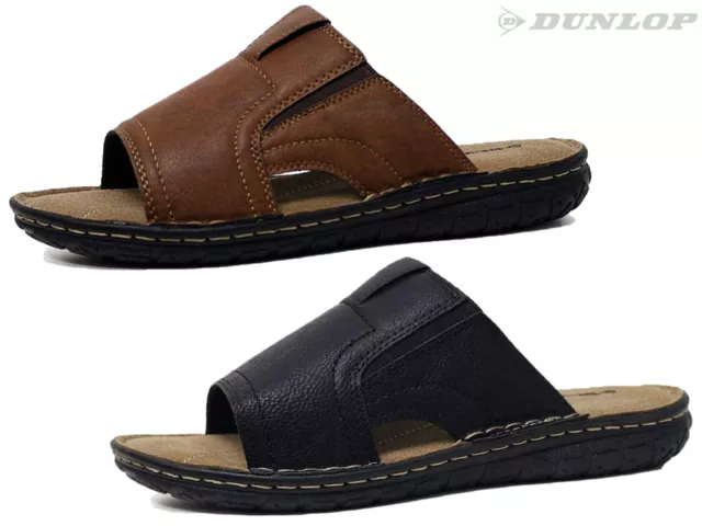 Dunlop Mens Sandals Sliders Faux Leather Memory Foam Slip On Casual Shoes