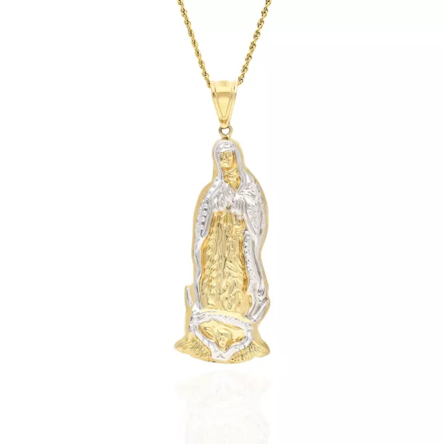 10K Yellow Gold Diamond Cut Our Lady Of Guadalupe Virgin Mary Charm Pendant 3"