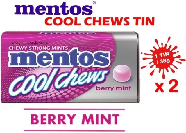 2 Tins Mentos Chewy Candy Cool Chews Strong Breath Berry Mint Flavour 38g