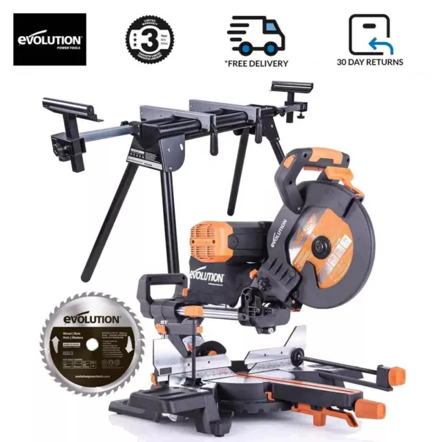 Evolution Power Tools R255SMS 10-Inch Sliding Miter Saw Multi-Material,  Multi-Purpose Cutting Cuts Metal, Plastic, Wood & More 0˚ - 45˚ Bevel Tilt  