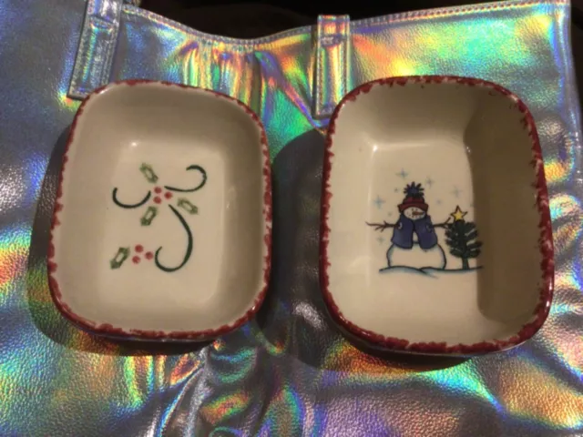 Veg.Workshops of  HENN Pottery Christmas Holly/Snowman Red Spongeware Treat Dish
