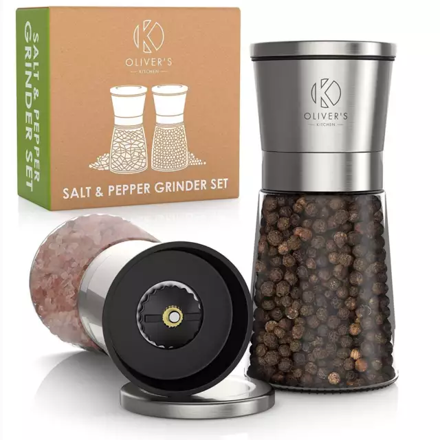 Oliver's Kitchen ® Salt & Pepper Grinder Set - 2 X Quality Ceramic & Glass Mills